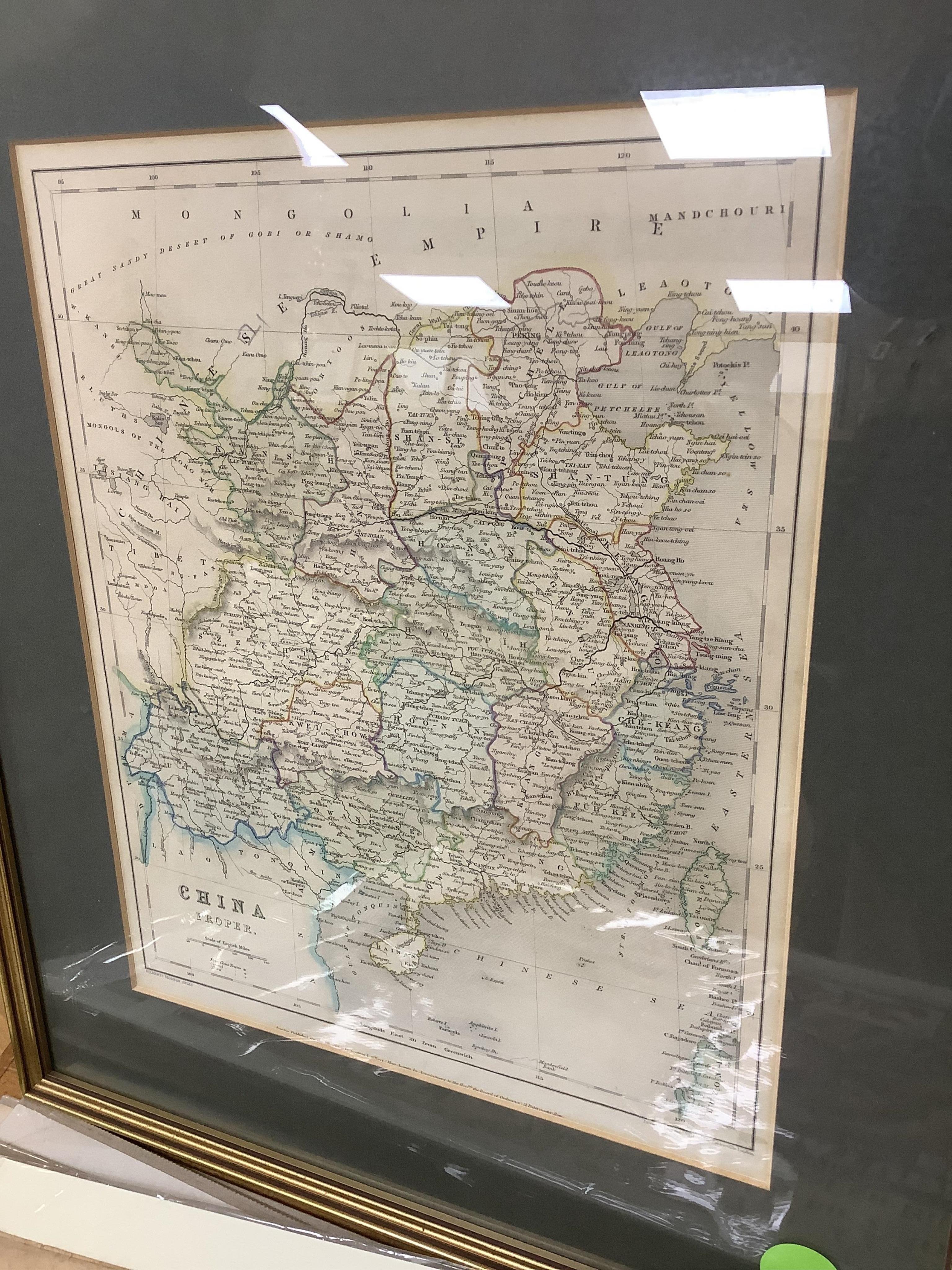 A collection of six maps and engravings to include: The Empire of Japan, printed by Laurie & Whittle, 1794 and China Proper from Gilberts Modern Atlas, framed